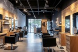A busy hair salon filled with chairs and mirrors where customers are getting their hair styled, A modern and chic hair salon filled with sleek supplies and tools, AI Generated