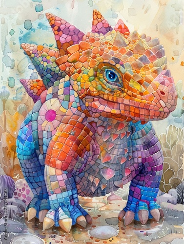 Watercolor of an Ankylosaurus, cute and vivid in bright pastel colors, set against a soft background that amplifies its charm © Thanadol