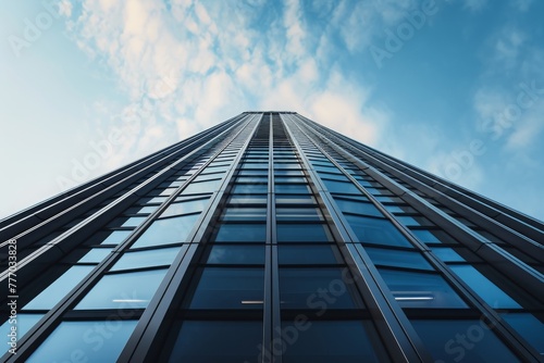 This photo captures the striking sight of looking up at the pinnacle of a towering urban structure, A modern skyscraper with a futuristic design, AI Generated