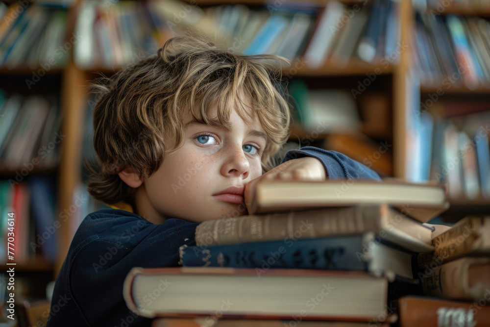 Boy child in the library at the table Boy child in the library at the table