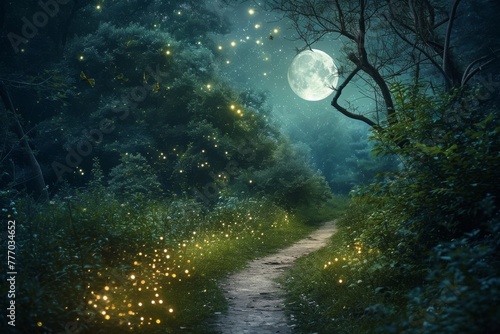 A winding path in a forest illuminated by the sparkling presence of fireflies, A moonlit path leading through a lush forest with fireflies twinkling around, AI Generated