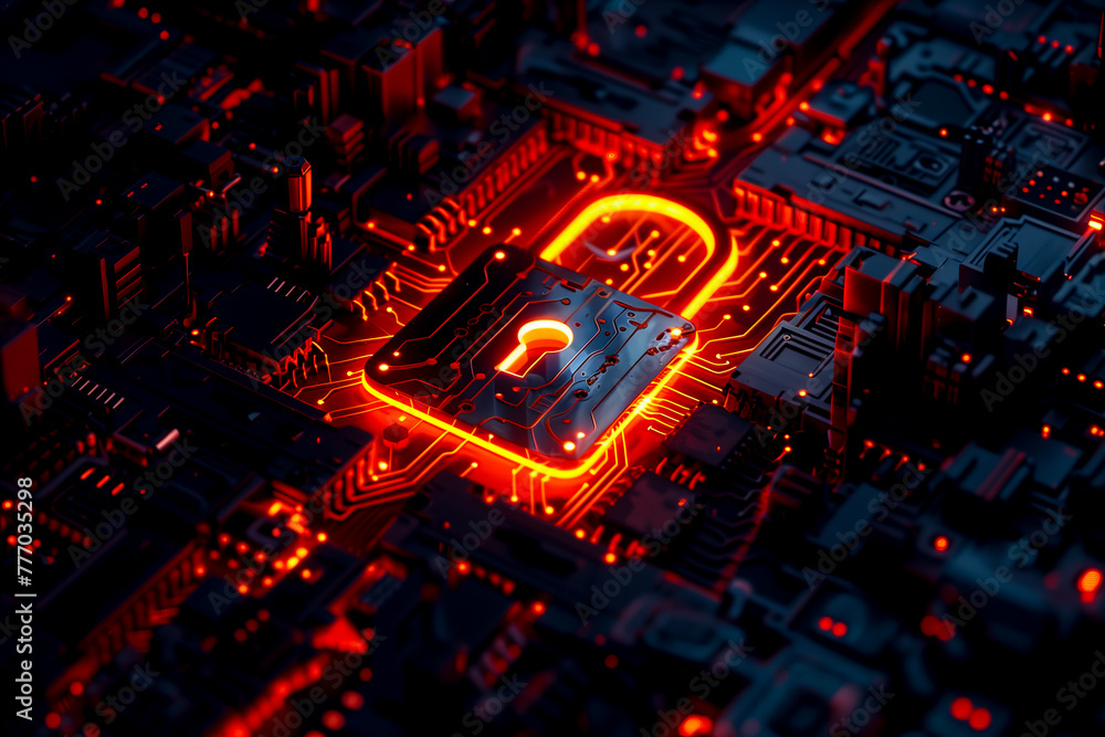 Glowing Padlock Amid Digital Circuitry: Symbolizing Cybersecurity, Encryption, and Advanced Technology in the World of Anonymity
