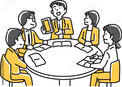タブレットを使って会議を進める会社員