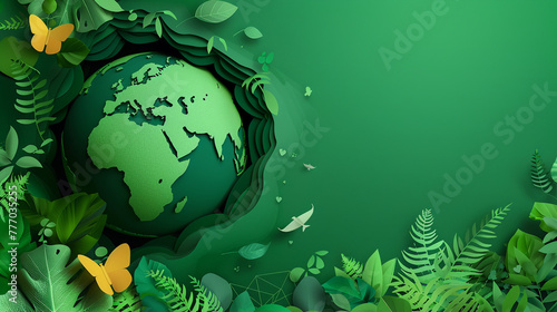 Celebrate the planet with a green world-themed banner in a unique paper cute style, designed for Earth Day and World Environment Day concepts, complete with copy space for environmental messages.