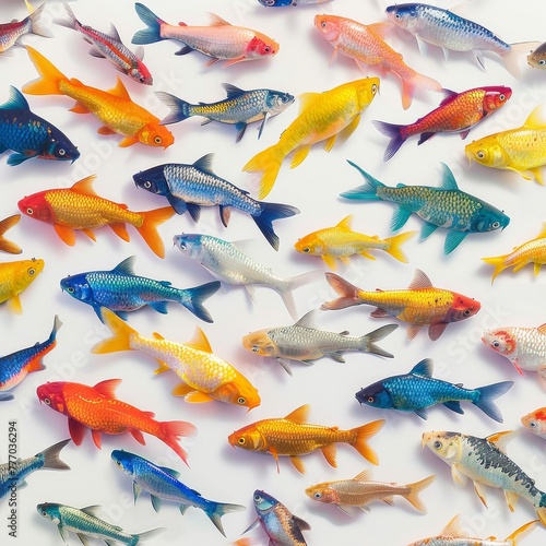 Panoramic top shot of a rainbow of fish, swimming in harmony, vividly detailed on white