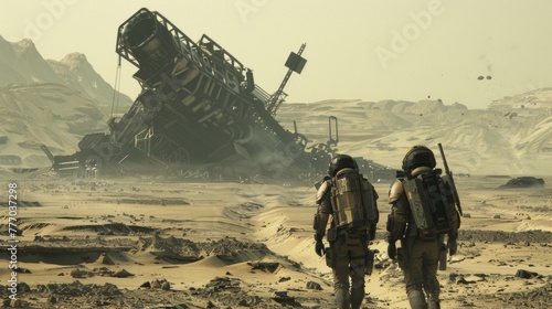 Two figures wearing protective gear carry a heavy load across the barren landscape. The remnants of machinery and technology can be . .