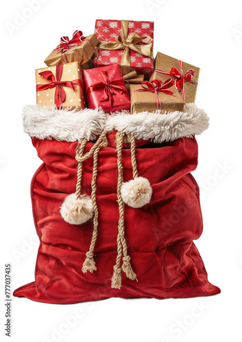 Obraz na płótnie Red christmas gift box. Santa's bag full of wrapped gifts on a white transparent background. Christmas elements. w salonie