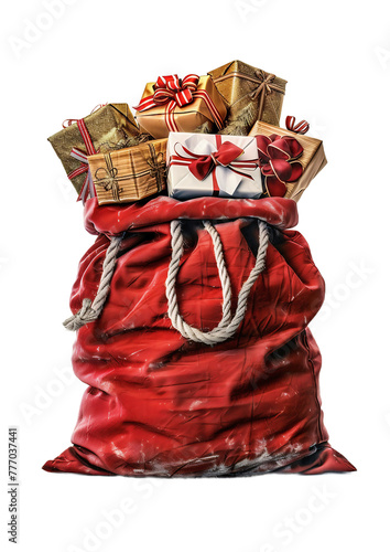 Bag with gifts. Santa's bag full of wrapped gifts on a white transparent background. Christmas elements.