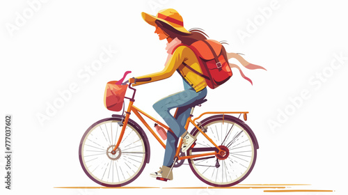 Traveler woman with bag riding bicycle flat vector isolated