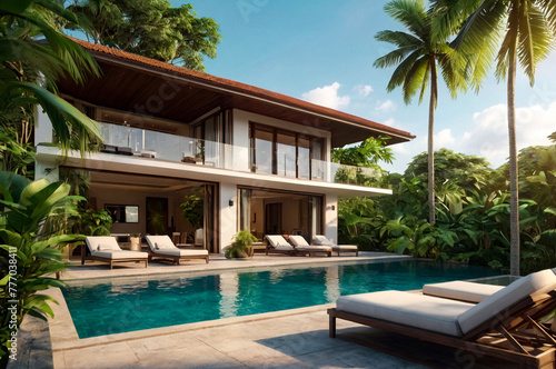 Luxurious private villa with swimming pool in a lush tropical garden setting  outdoors. Tropical villa with private pool and lush garden  luxury view. Summer vacation concept. Copy ad text space