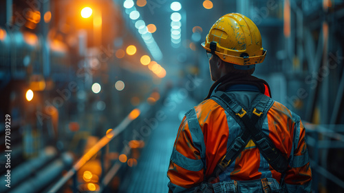 Industrial Night. A worker in safety gear inspects a well-lit industrial site. A man in a work uniform at a construction site © evastar