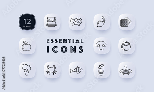 Food set icon. Fish, tomato, pastries, milk, crab, pancakes, apple, natural products, mushrooms, radishes, soup, hot, gradient, delicacies, unusual food. Healthy eating concept. Neomorphism style.