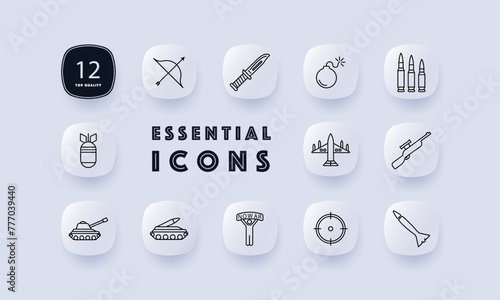 Weapon set icon. Tank, man, banner, no war, artillery, plane, bomber, military equipment, bow, rifle, knife, rocket. Third world countries and military operations in them concept. Neomorphism style.