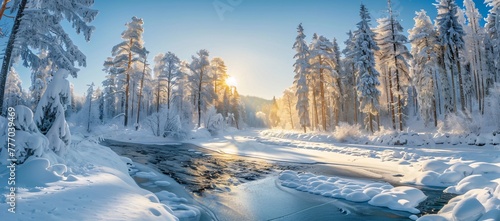 Serene Winter Landscape A Calm River Flowing Through a Snowy Forest Generative AI
