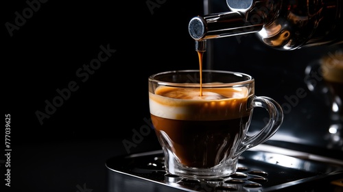 Generative AI of Close-up of rich espresso being brewed in a clear glass cup with copy space, showcasing the dark brown coffee topped with a creamy layer of crema, for coffee shop and barista websites