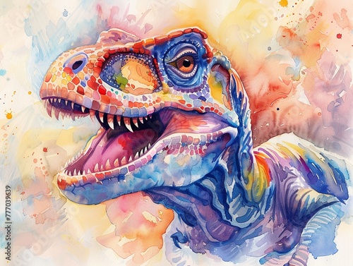 Watercolor of a TRex  portrayed cutely in bright pastel colors  vivid against a soft  charming background