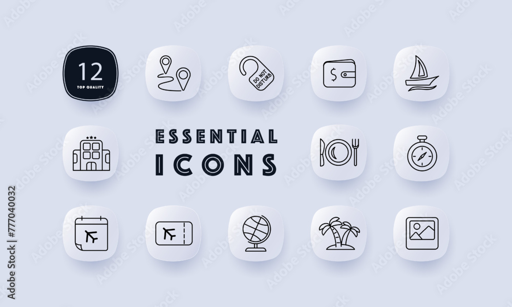 Trip set icon. Geolocation, travel, path from one point to another, wallet, hotel, tropical island, vacation, flight, globe, do not disturb icon. Tourism and wandering concept. Neomorphism style. Trip set icon. Geolocation, travel, path from one point to another, wallet, hotel, tropical island, vacation, flight, globe, do not disturb icon. Tourism and wandering concept. Neomorphism style.