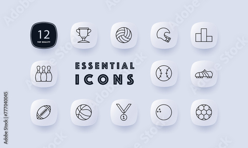 Sports set icon. Shoes, soccer ball, skittles, podium, medal, first place, rugby, volleyball, bowling ball, outdoor activity, useful hobby, gradient. Healthy lifestyle concept. Neomorphism style.