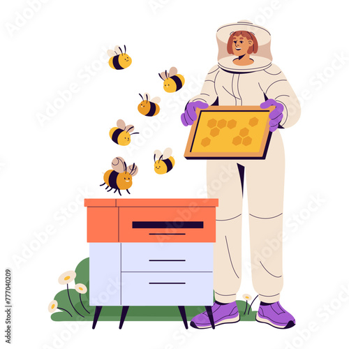 Apiarist in protective suit holds honeycomb frame of beehive. Beekeeper gathers harvest of bee garden. Honey farmer collects propolis from honeybee hive. Flat vector illustration isolated on white © Paper Trident