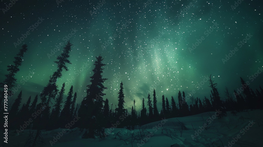 Naklejka premium Beneath a blanket of stars the Arctic Aura envelops the landscape in a dreamlike glow enchanting all who witness its beauty. . .
