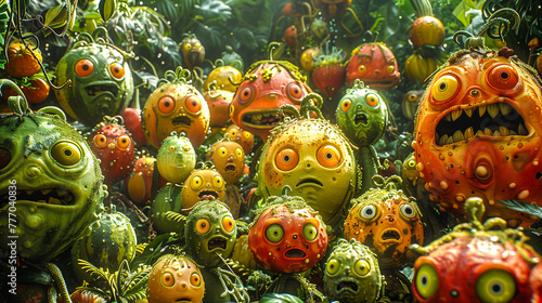 A lively scene where anthropomorphic fruits and vegetables, each labeled with their vitamin content, engage in a joyful parade, celebrating the richness of natural nutrition