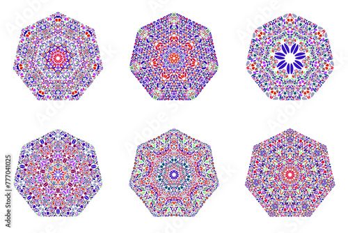 Flower heptagon polygon set - ornamental geometrical vector design element with curved shapes