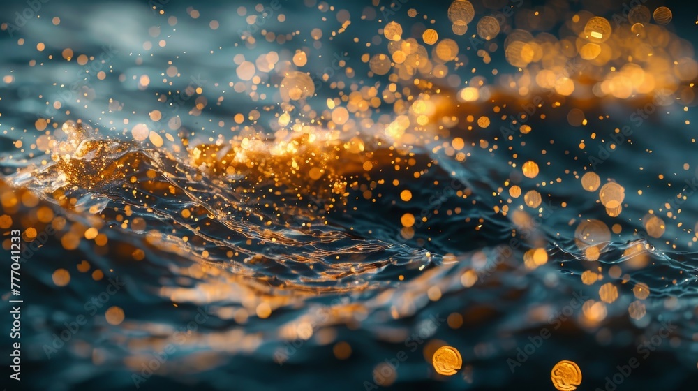 The image is of a body of water with a lot of glitter in it. The glitter is scattered throughout the water, creating a sparkling effect. Scene is one of wonder and amazement - obrazy, fototapety, plakaty 