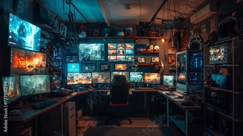 A computer room with many monitors and a chair. The room is dimly lit and has a futuristic vibe