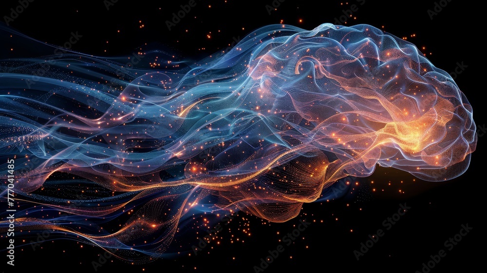 A blue and orange blob of light is floating in the air. The light is surrounded by a lot of small, glowing particles. The image has a dreamy, surreal quality to it