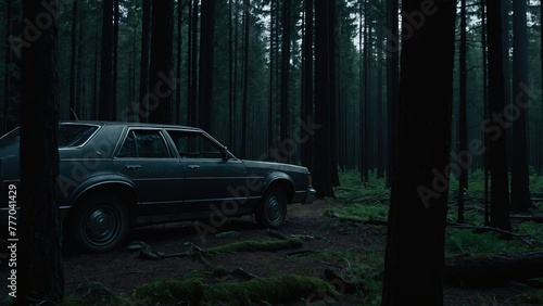 A Mysterious Travel Car Passes Through a Lush Forest Full of Trees, Dark and Foggy with an Eerie Atmosphere © MYN Studio