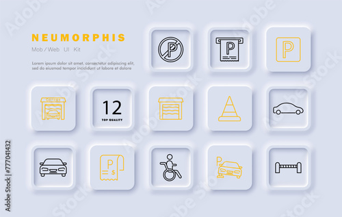 Tax, parking set icon. Garage, check, invoice, machine, car, ban, fence, cone, pitstop, P, gradient, warehouse, silhouette, sign, , man, wheelchair, design, interface. Neomorphism style.