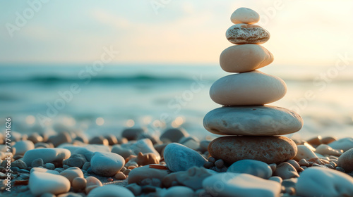 Zen stones in balance at tranquil beach during sunset.