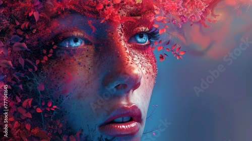 A woman with blue eyes and red hair is the main focus of the image. The background is a blue color and the woman's face is surrounded by a red and green foliage. The image has a surreal