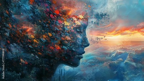 A colorful painting of a woman's face with a city skyline in the background. The painting has a dreamy, surreal feel to it, with the woman's face appearing to be made of various colors and shapes