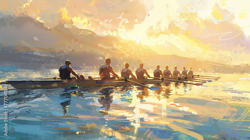 An early morning rowing team in harmony, gliding over calm waters against a golden sunrise backdrop © road to millionaire