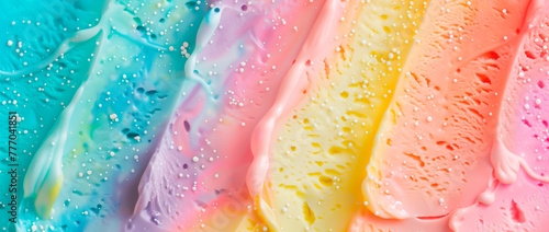 Frozen rainbow ice cream swirls colorful dessert background. © henjon