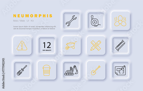 Construction set icon. Equipment, numbering, fan, heavy equipment, shovel, nails, pencil, ruler, warning sign, screwdriver, wrench. Construction equipment concept. Neomorphism style.