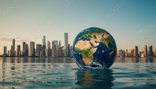 Planet Earth floating in water with the city behind. Concept of global warming and climate change