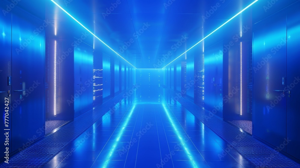 A long blue hallway with neon lights. The blue color gives a sense of calmness and serenity