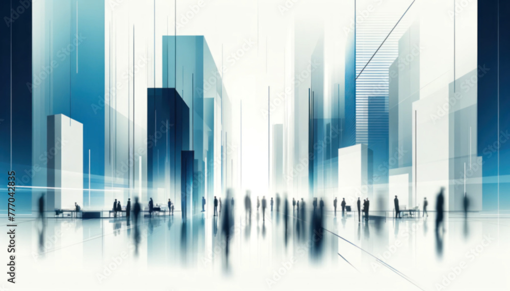 Abstract blurred background of people in motion against a backdrop of futuristic city architecture symbolizing the pace of urban life. Concept for design, presentation, digital displays in conferences