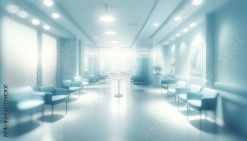 Blurred light background of a tranquil hospital or clinic waiting area, soft light, with comfortable seating and a calming ambiance, space for visitors. Concept for medical presentations photo