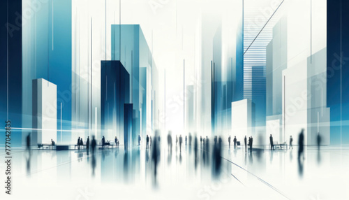 Abstract blurred background of people in motion against a backdrop of futuristic city architecture symbolizing the pace of urban life. Concept for design, presentation, digital displays in conferences