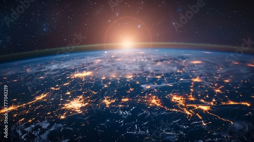 A view of the Earth from space, with the sun rising in the background. The planet is lit up with a warm glow, creating a serene and peaceful atmosphere. The stars in the sky are twinkling