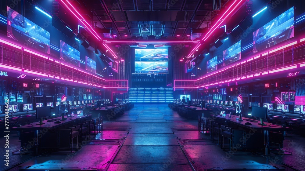 A neon lit room with a lot of computer monitors and a large TV. The room is filled with people working on their computers