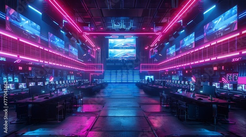 A neon lit room with a lot of computer monitors and a large TV. The room is filled with people working on their computers