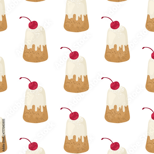 Seamless pattern with pastries and desserts. Cupcake covered with glaze and decorated with a cherry. Sweet cooking for Easter celebration. Vector illustration isolated on transparent background.