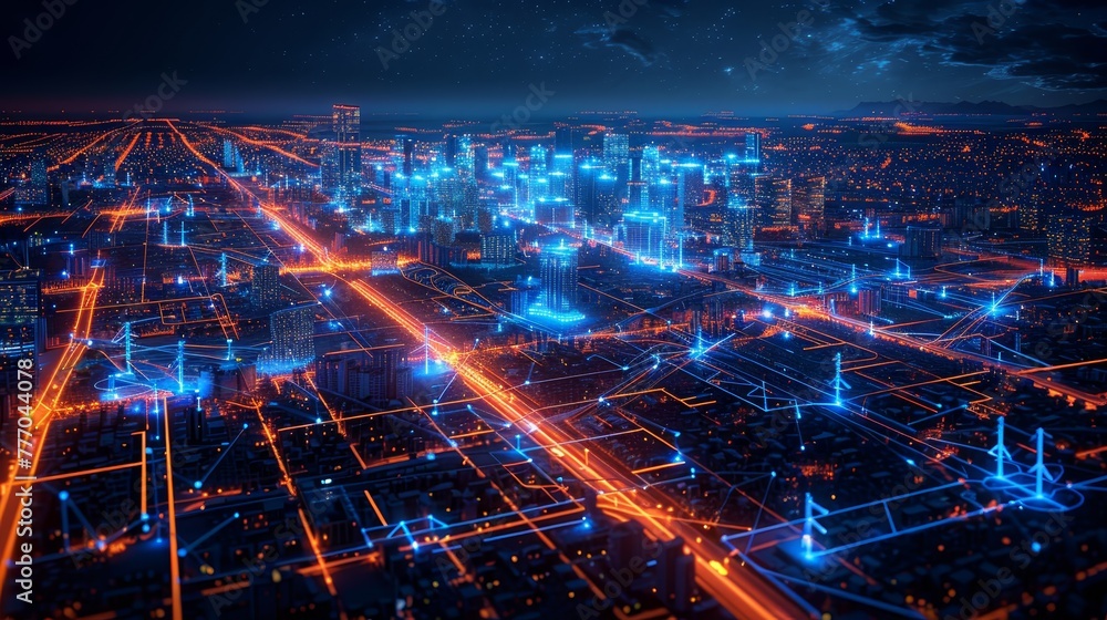Fototapeta premium A cityscape with a blue sky and orange lights. The city is lit up and he is in the middle of the night