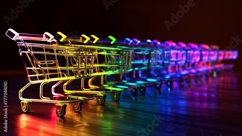shopping cart symbols in various glowing colors It is symbolic image related to trading and collecting things, The use of a variety glowing colors helps make this image more vivid and interesting