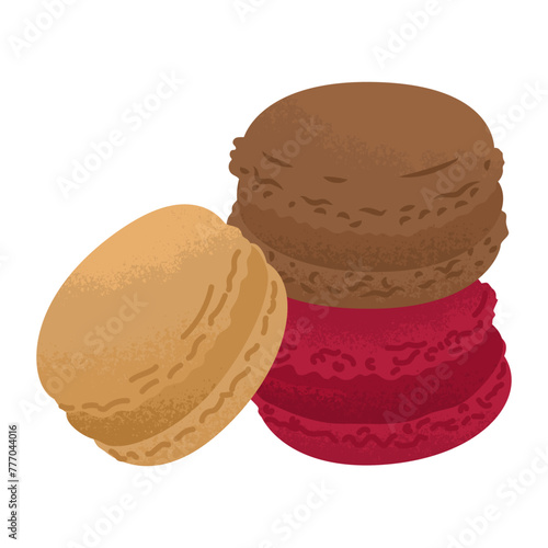 Three brownie macaroons of different colors. Sweet pastries for the holiday table. Candy store. Vector illustration isolated on transparent background.