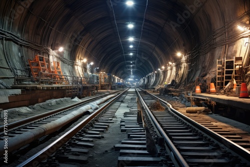 Subway tunnel construction, Underground subway tunnel under construction, AI generated © Tanu